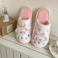 Detail of pink plush slippers featuring 3D cartoon cat design and cute bow embroidery - 38-39 / Headphone Cat - Pink