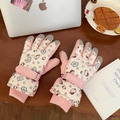Rosa-weiße Winterhandschuhe für Kinder mit Hello Kitty Design und Klettverschlussband - Einheitsgröße / Bär Katze (Touchscreen)