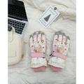 Pink and white cartoon bear ski gloves with adjustable straps and touch screen fingertips - One Size / Good Night Bear (Touch Screen)