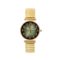 Fashionable gold metal strap quartz watch with gradient green leaf pattern dial for women - Gold