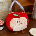 Dettaglio del porta fazzoletti in peluche a mela rossa con ricamo e manico a scacchi blu - Mela Patchwork