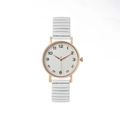 Detalle del reloj redondo de oro rosa con correa blanca elástica y números - Blanco