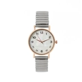 Minimalist women quartz watch with rose gold case and gray stretch metal band - Silver