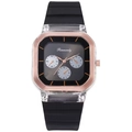 Men's fashion square quartz watch with silicone strap and rose gold bezel on white background - Black