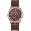 Detail of rose gold polygonal bezel and brown silicone strap on quartz watch - Brown