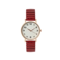 Detailed shot of red elastic band watch with white dial and rose gold metal case - Red