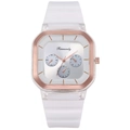 Fashionable quartz watch with white silicone strap and square rose gold dial on white background - White