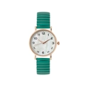 Detalle de reloj de cuarzo oro rosa con esfera blanca y correa elástica verde - Verde