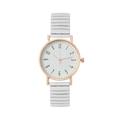 Minimalist women's watch with rose gold case and white textured dial on white background - White