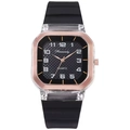 Reloj de cuarzo cuadrado para hombre y mujer con bisel en oro rosa y correa de silicona - Negro