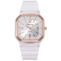 Reloj de cuarzo cuadrado con correa de silicona blanca y detalles de esfera en oro rosa - Blanco