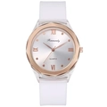 Women's quartz watch with white silicone strap and rose gold octagonal bezel on white background - White