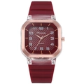 Reloj de cuarzo cuadrado para mujer con correa de silicona burdeos y marco de oro rosa - Rojo