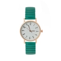 Détail d'une montre en or rose avec bracelet élastique vert et cadran à chiffres arabes - Vert