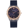 Deep blue silicone quartz watch with rose gold Roman numerals on white background - Blue