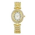 Elegant gold ladies watch with sparkling crystals and Roman numeral dial on white background - Gold