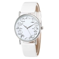 Minimalist quartz watch with cat patterns on dial and white faux leather strap - White