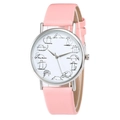 Stylish quartz watch with pink leather strap and cute cartoon cat pattern on white dial - Pink