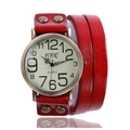 Macro detail of red multilayer leather strap with bronze studs and quartz watch case - Red