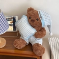 Detail of plush teddy bear in blue plaid pajamas with matching nightcap and mini pillow - Blue Plaid Pajama Bear / 30cm