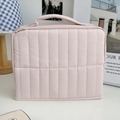 Vertical quilted light pink makeup bag with handle for large capacity travel storage - Pink