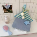 Detail of creative house-shaped tissue holder with blue striped texture and hanging rope - Blue Star + White Tulip