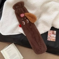 Macro detail of brown plush dachshund hot water bottle with Lucky embroidery and heart patch - Brown (With Liner)