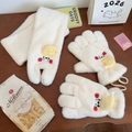 Detail view of cream plush winter scarf and gloves set with cute cartoon animal patches - Neck-Hanging Fleece Thickened Style / Sleeping Seal - White