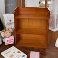 Detailed view of a 3-tier dark walnut wood desktop organizer shelf for stationery and perfume - Distressed Silver