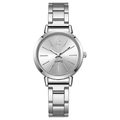 Minimalist women's quartz watch with silver steel link bracelet and round white dial - Silver