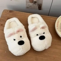 Close-up of white Westie dog plush slippers with thick fluffy fur on a wooden table - 36-37 / White