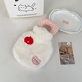Detail of white plush hot water bag with Lucky heart embroidery and pink checkered handle - Portable Lucky - Milk White (With Liner)