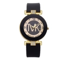 Fashion women's black silicone watch with gold case, MK logo, and rhinestone accents - Black