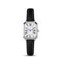 Elegant women's square quartz watch with silver case, Roman numerals and black leather strap - Silver Case Black