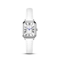 Detail of square silver watch case with Roman numerals and white leather strap - Silver Case White Dial