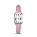 Detail of pink leather watch strap with silver square case and blue hands on white dial - Silver Case Pink Dial