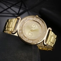 Fashionable gold quartz watch with rhinestone crystals and stainless steel band - Steel Band