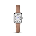 Women's square quartz watch with Roman numerals, blue hands and brown leather strap - Silver Case Beige