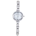 Close-up of heart-shaped links and sparkling rhinestones on the silver watch band - Silver Case White Dial
