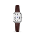 Classic rectangle silver quartz watch with white dial and brown leather strap for women - Silver Case Brown