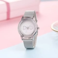 Macro view of crystal-encrusted bezel and silver mesh band on the ladies' watch - Model 03 Silver