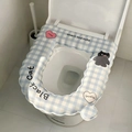 Blue and white plaid toilet seat cover with cute cartoon black cat and wavy edges - Blue Plaid