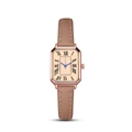 Dettaglio dell'orologio al quarzo quadrato con numeri romani e cinturino in pelle marrone - Oro Rosa Beige