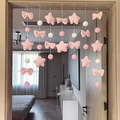 Pink plush star and bow door hanging decoration with soft pompoms for room decor - Pink Planet Door Curtain - 7 Strings 31 Beads