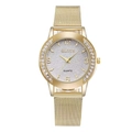 Women's quartz watch with gold mesh strap, silver glitter dial and rhinestone bezel - Model 05 Gold White