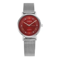 Detail of red sunray dial with Roman numerals and crystals on silver mesh watch - Style 03 Red