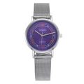 Detail of silver mesh strap watch with purple dial and Roman numeral markers - Style 03 Purple