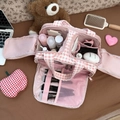Pink and white checkered cosmetic travel bag with multi-layer interior storage design - Pink Plaid