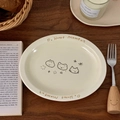 Cremeweißer Keramikteller oval mit handgezeichneten Katzen- und Bärenmotiven für Frühstück - Sternenkatze