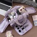 Large capacity lavender blue plaid makeup bag with multi-layer zipper and brush slots - Purple